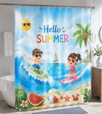 Cortina de Ducha PEVA Impresa de Verano Hola Niños Surf Playa