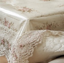 Floral Elegance PVC-Cotton Tablecloth with Lace Trim