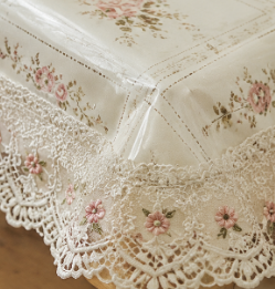 Floral Elegance PVC-Cotton Tablecloth with Lace Trim