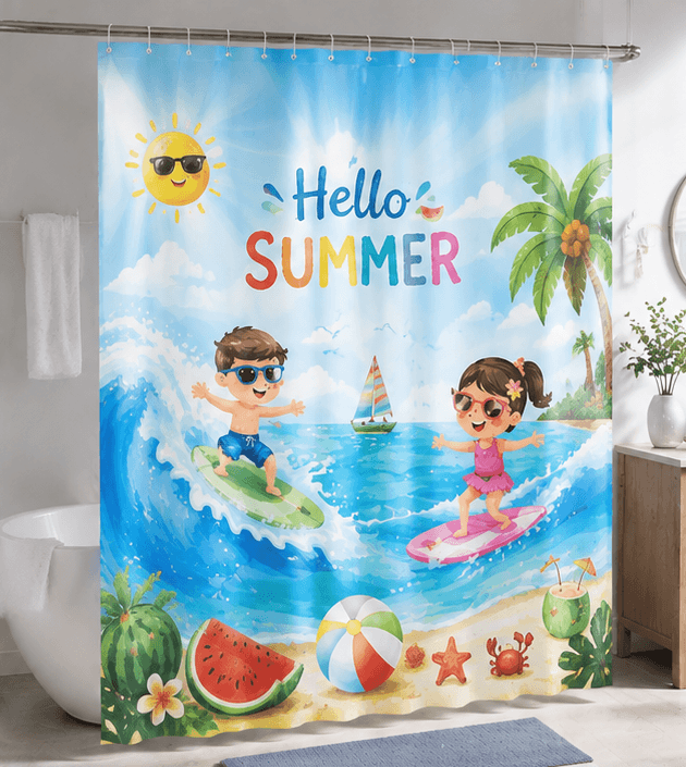 Cortina de Ducha PEVA Impresa de Verano Hola Niños Surf Playa