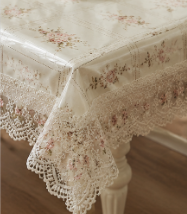 Floral Elegance PVC-Cotton Tablecloth with Lace Trim