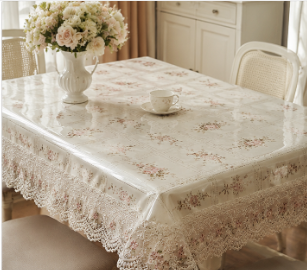 Floral Elegance PVC-Cotton Tablecloth with Lace Trim