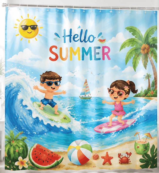 Cortina de Ducha PEVA Impresa de Verano Hola Niños Surf Playa